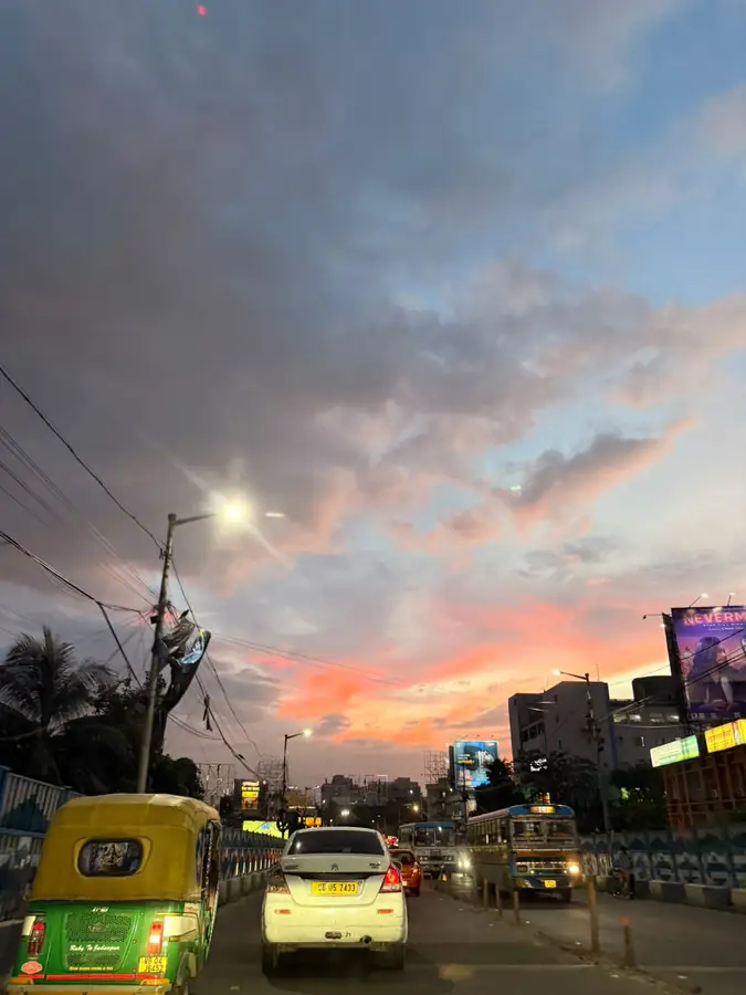 Sunset over a busy city street
